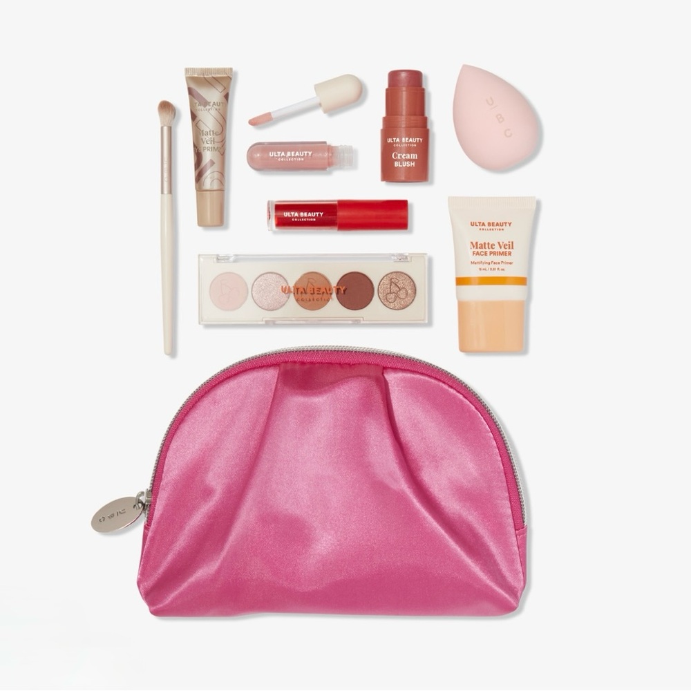 💕9 PC ULTA💕BUNDLE Pink Satin Full Zip Makeup Bag Eye Shadow Blush Lip Gloss